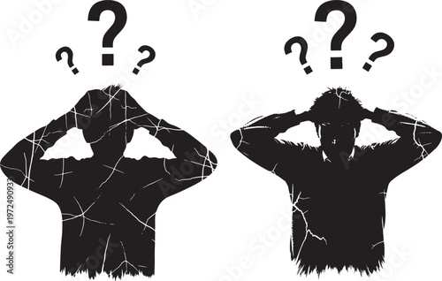 Silhouette of two figures with question marks above their heads, representing confusion or doubt, question mark, head scratch, white background, intelligent question