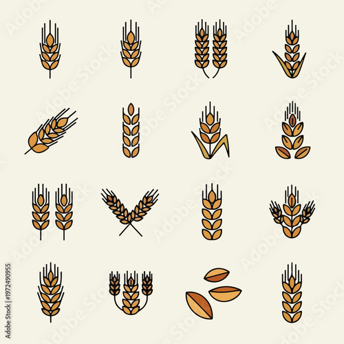 Collection of wheat ear icons and cereal grains for agriculture and food design.