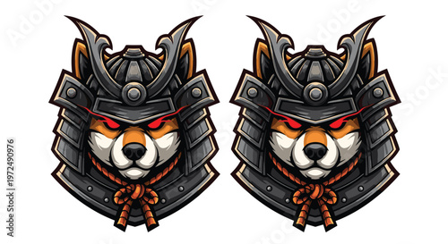 Two identical samurai Shiba Inu heads, adorned with intricate helmets and piercing red eyes, embody fierce warrior spirit and loyalty in traditional Japanese style.