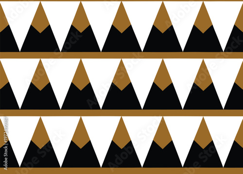 Rows of black and brown triangles resembling mountain peaks are arranged horizontally on a white background with thin brown dividing lines.