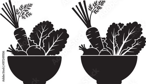 Two bowls filled with fresh vegetables including carrots and lettuce with food preparation with black and white with vegetable bowl with food illustration with vegetable icons with salad ingredients
