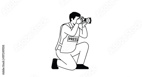 Press Photographer Kneeling with Camera Reporting Journalism Concept