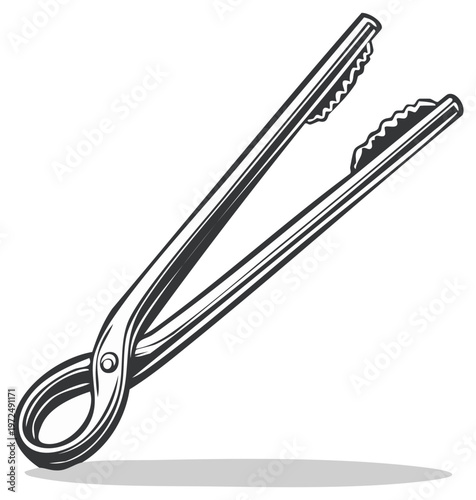 Vintage Style Outline Art of Metal Tongs with Curved Handle and Toothed Grips