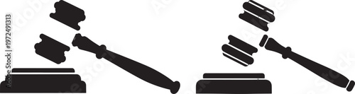 Black and white icon set of a gavel and sounding block with sound block with legal system with rule of law with law enforcement with legal document with wooden hammer with law office