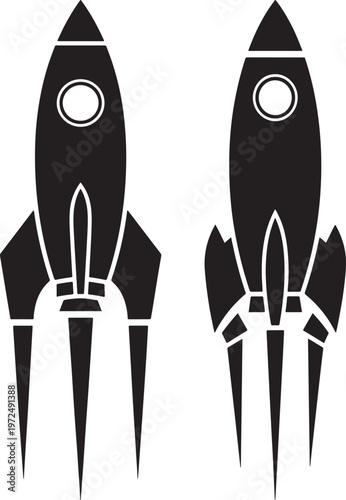 Two stylized retro rocket ships side by side with space travel with black and white with outer space with science fiction with nose cone