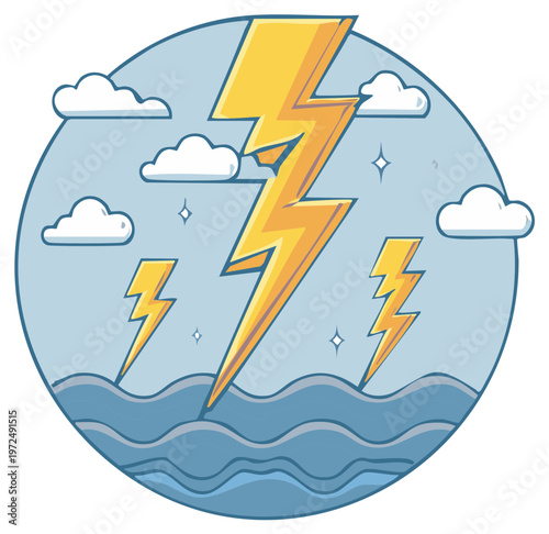 Cartoon lightning storm over the ocean with waves and clouds