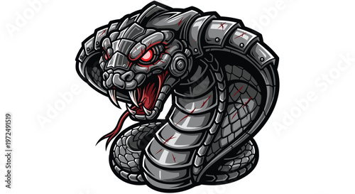 A futuristic robotic cobra, featuring metallic grey scales, glowing red cybernetic eyes, and a sharp fangs, coiled ready to strike with lethal precision.
