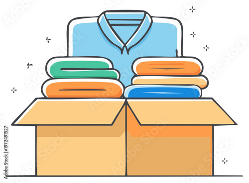 Donation boxes filled with folded clothes, charity concept or move, illustrated with colorful vector elements