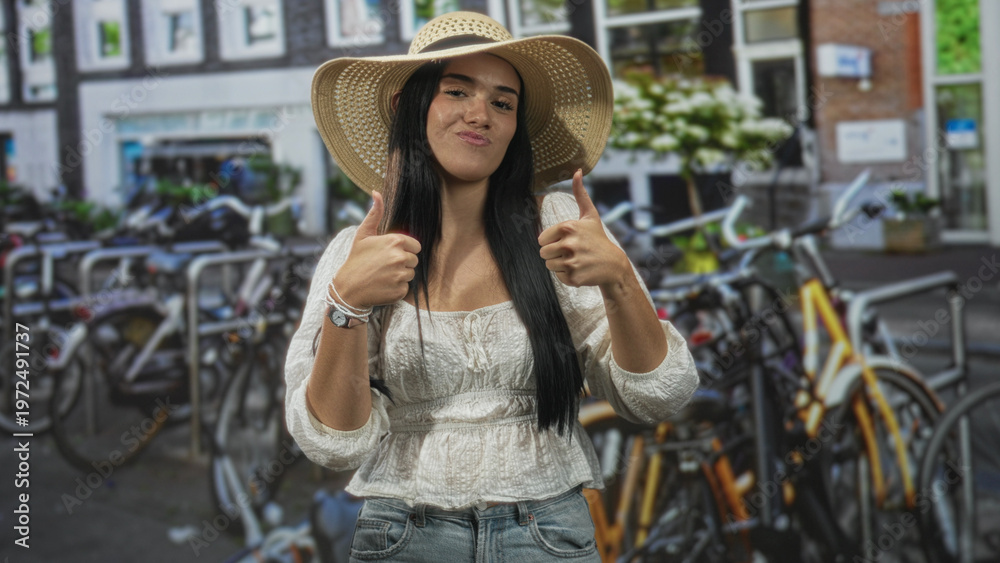 Fototapeta premium Young hispanic woman wearing straw hat and white blouse shows both thumbs up and open palms beside a crowded bicycle rack on a street; travel joy.