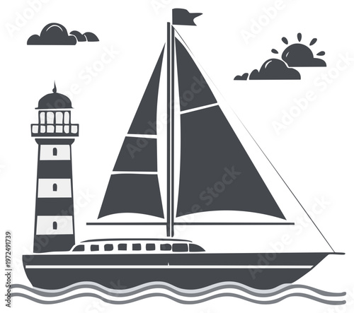 Silhouette illustration of a sailboat near a lighthouse on the sea with clouds and sun.