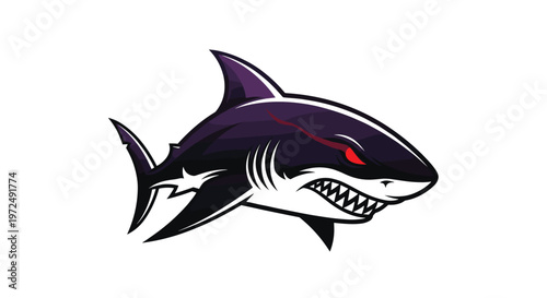 A sleek, dark purple shark with piercing red eyes and dynamic white markings swims powerfully, embodying an intense and formidable presence in the ocean.