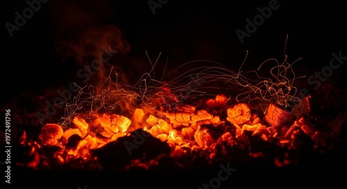 Glowing amber embers shifting in the dark with waves of heat and red light