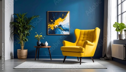 Bright interior with a yellow armchair. Modern art, a table and plants accentuate a vibrant blue wall