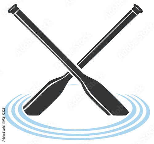 Pair of crossed oars resting in wavy water depicted in a stylized graphic