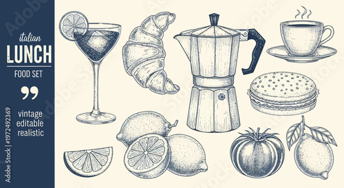 Watercolor lunch illustration croissants coffee and citrus fruits