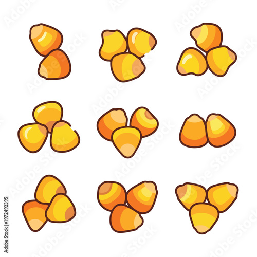 Collection of Fresh Golden Corn Kernels Isolated on White Background.