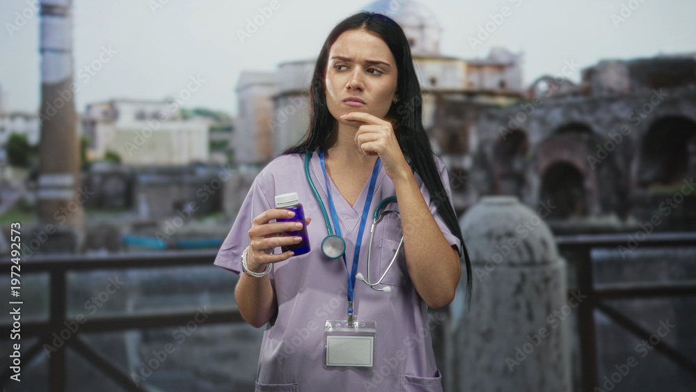 Fototapeta premium Nurse holding a pill bottle with stethoscope and badge, hand on chin and pensive face in front of an old stone building; medical concern.