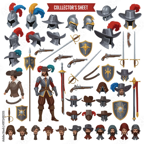 Collectors Sheet of Musketeer Gear and Characters.