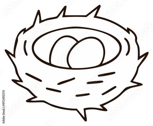 Simple black and white line art illustration of a birds nest with two eggs