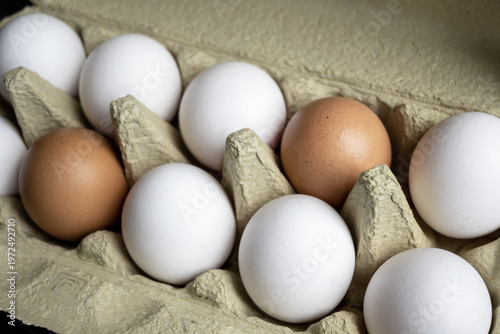 Fresh eggs in organic carton box on the farm. Food concept.