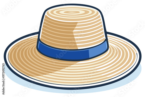 Classic straw boater sun hat with a blue ribbon vector illustration