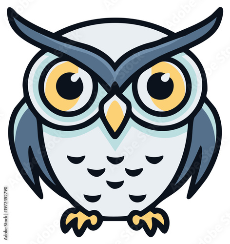 Cartoon owl character, staring forward, with yellow eyes and feathers