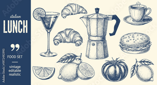 Watercolor lunch illustration croissants coffee and citrus fruits