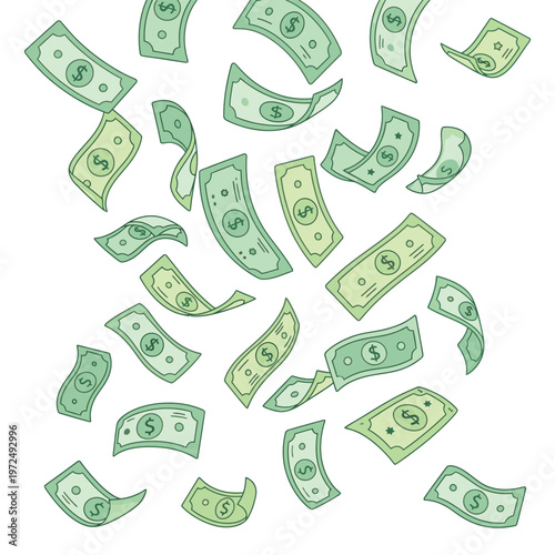 Green dollar bills are falling from the air in a playful illustration.