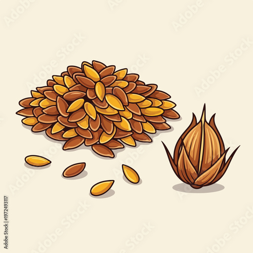 Illustration of flax seeds and a flax seed pod.
