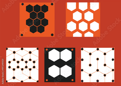 Five separate square panels featuring diverse hexagonal and dotted network patterns in black, white, and orange are positioned on a solid burnt orange background for a technical aesthetic.