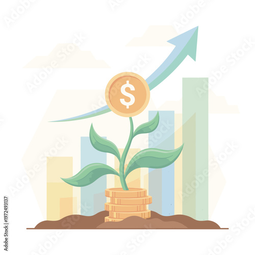 A growing plant with a dollar coin on top shows financial growth with an upward arrow in a business setting.