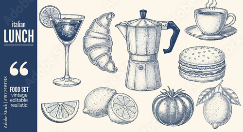 Watercolor lunch illustration croissants coffee and citrus fruits