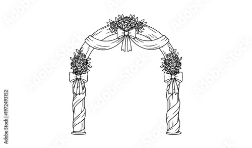 Black and White Wedding Arch with Flowers Ribbon Cute Line Marriage Clipart Vector