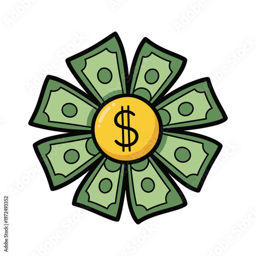 A cartoon illustration of money bills and a gold coin with a dollar sign arranged in a circular pattern.