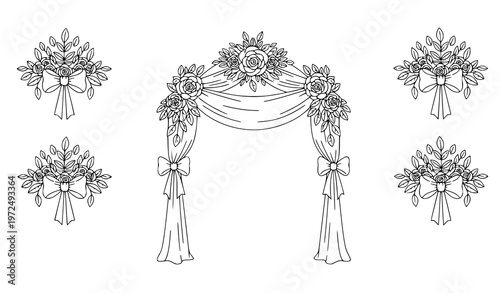 Cute Wedding Arch Line Art Vector Black White Floral Marriage Ceremony Clipart