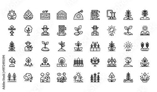 Agriculture and Farming Icon Set with Crops, Plants, Farmers, Trees, Harvest, and Organic Growth Symbols for Agriculture, Gardening, and Rural Design