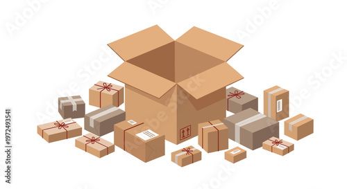 A spacious empty brown cardboard box stands wide open surrounded by numerous smaller sealed packages meticulously wrapped in brown paper and red twine.