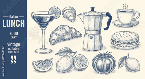 Watercolor lunch illustration croissants coffee and citrus fruits