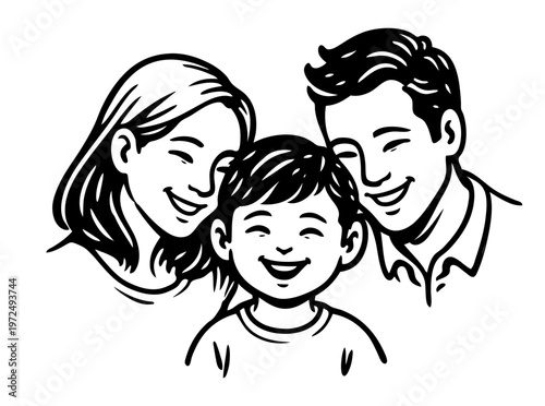 Happy Family Illustration With Smiling Mother, Father, and Young Child Embracing a Joyful Moment of Togetherness and Love, Simple Graphic Design