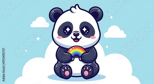 Cute panda bear with rainbow on cloud.