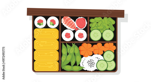 A traditional dark wooden bento box displays a meticulous arrangement of colorful sushi rolls, yellow omelet slices, green edamame, and fresh vegetable garnishes.