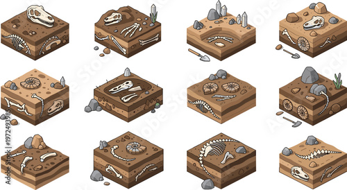 Isometric Fossil Excavation Collection with Dinosaur Bones Skeletons and Archaeology Dig Sites Featuring Soil Layers Tools and Prehistoric Discoveries Vector Illustration Set