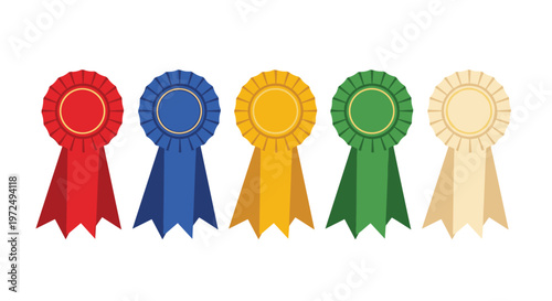 Five vibrant pleated fabric award ribbons featuring distinct colors of red, blue, gold, green, and cream are arranged in a neat horizontal row on white.