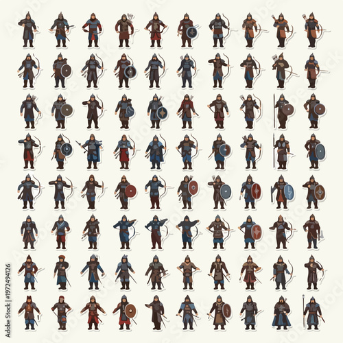 Collection of medieval warriors and archers with shields and weapons.