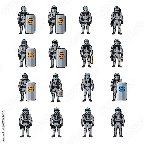 Collection of futuristic space trooper characters in various poses and equipment.