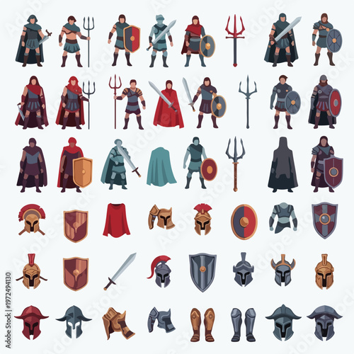 Collection of Medieval Warriors and Armor Elements.