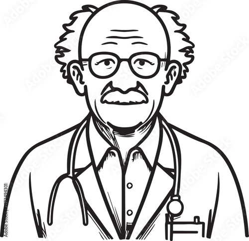 Hand Drawn Elderly Male Doctor Black and White Illustration in Minimal Line Art Style Design