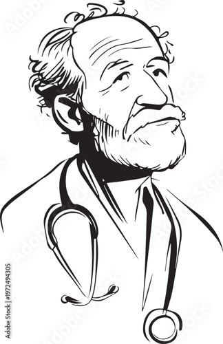 Hand Drawn Elderly Male Doctor Black and White Illustration in Minimal Line Art Style Design