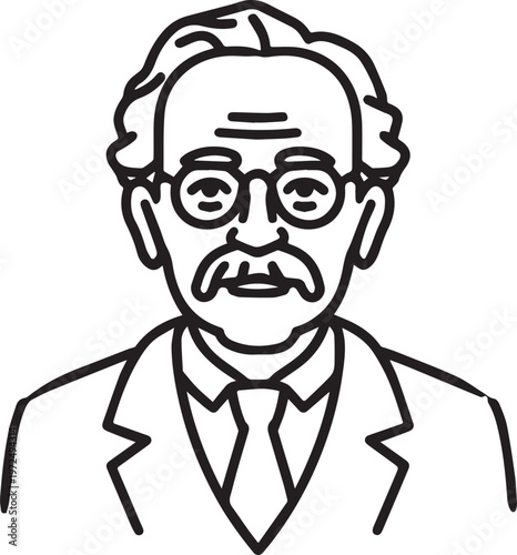 Hand Drawn Elderly Male Doctor Black and White Illustration in Minimal Line Art Style Design