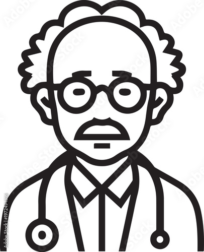 Hand Drawn Elderly Male Doctor Black and White Illustration in Minimal Line Art Style Design